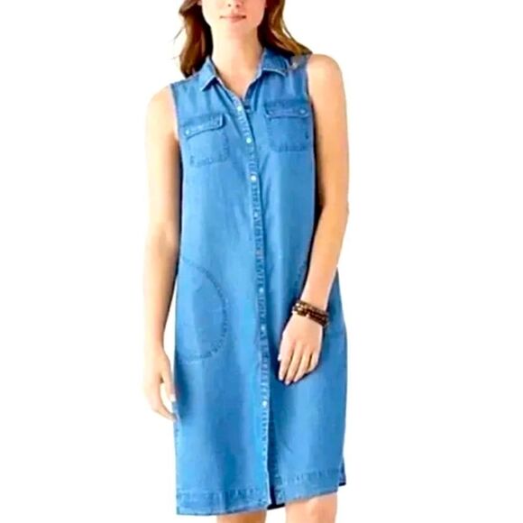 J. JILL DRESS SLEEVELESS CHAMBRAY SNAP FRONT - Picture 1 of 10
